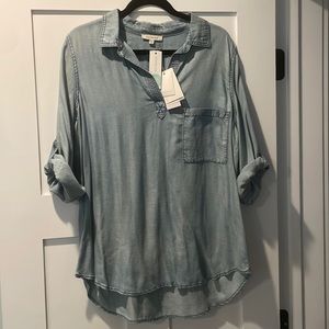 Skies Are Blue Denim Blouse with Rolled Up Sleeves